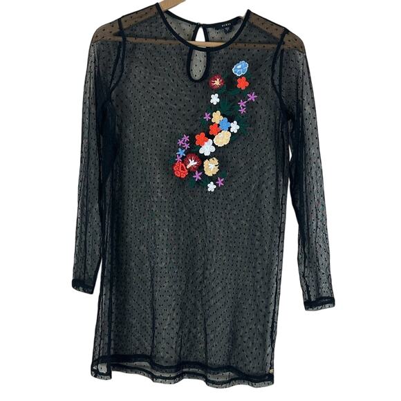 Guess Mesh Tunic Top Womens S Black Sheer Floral Embroidered Whimsigoth Dainty - Picture 1 of 4